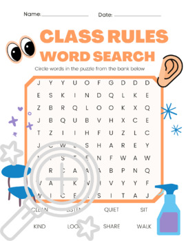 Preview of Class Rules | Word Search | Back to School | Colored / B&W | No Prep