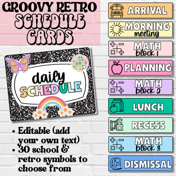 Preview of Class Schedule Cards- Retro Groovy Classroom Decor, Editable