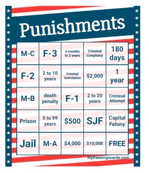 Preview of Class Set of Bingo Cards on TX Penal Code Punishments for Law Enforcement
