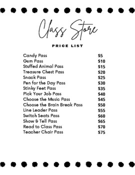 Preview of Class Store Price List