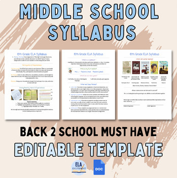 Preview of Class Syllabus Editable Template | Middle School Level