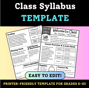 Preview of Class Syllabus Editable Template - Welcome Back to School (Middle + High School)