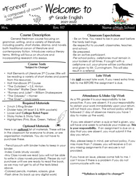 Preview of Class Syllabus Template with parent letter