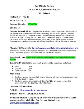 Preview of Class Syllabus for Beginning the School Year - - Example: Math 7A (Pre-Algebra)