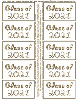 Preview of Class of 2021 Brown Fabric Font 10 Business Card Tags Captions Sheet Printable