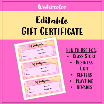 Preview of Class or School Store Gift Certificate Template Editable and Printable