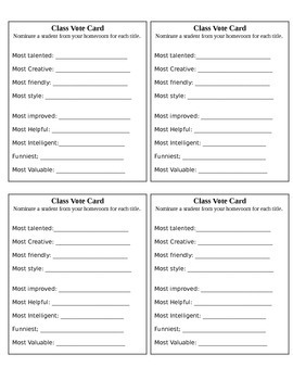 Class Vote Cards for Student Titles (MVP) Most Valuable Pupil, etc.