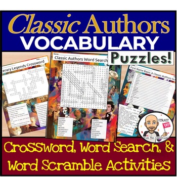 Preview of Classic Authors Vocab Puzzles: Crossword, Word Search & Word Scramble Activities