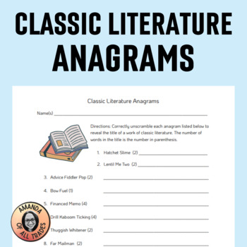 Preview of Classic Literature Themed Anagrams Critical Thinking Brain Break Challenge 