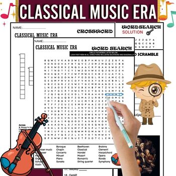 Preview of Classical Music Era Fun Worksheets, PUZZLE,Word Scramble,Wordsearch & Crossword