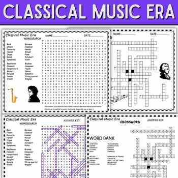 Preview of Classical Music Era Vocabulary,Wordsearch & Crosswords