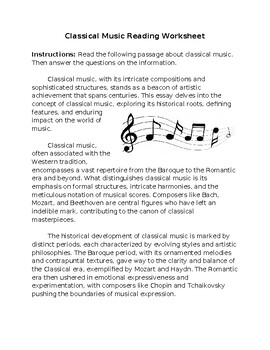 Classical Music Reading Worksheet **Editable** by Rods Social Studies