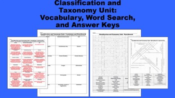 Preview of Classification and Taxonomy Unit:  Vocabulary, Word Search, and Answer Keys
