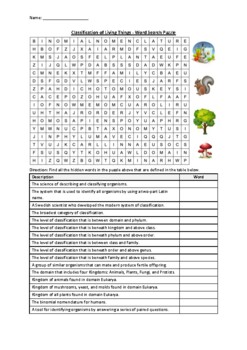 Preview of Classification of Living Things - Word Search Puzzle Worksheet (Printable)