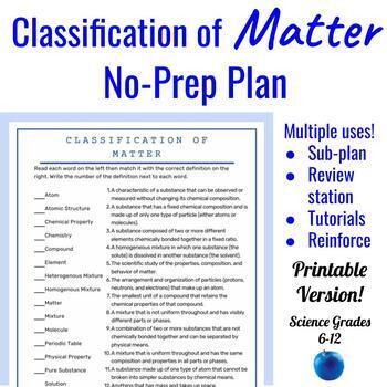 Preview of Classification of Matter Cloze Passage + Puzzle Sub Plan || Chemistry Review Day