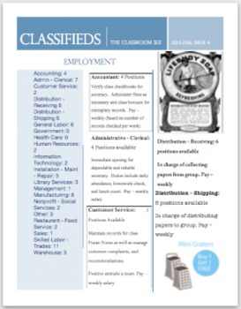 Preview of Classified Ads For Classroom Jobs, Application Form, & Student Checkbook