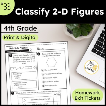 Preview of 2Dimensional Shape Attributes Worksheets/Exit Tickets -iReady Math 4th Grade L33