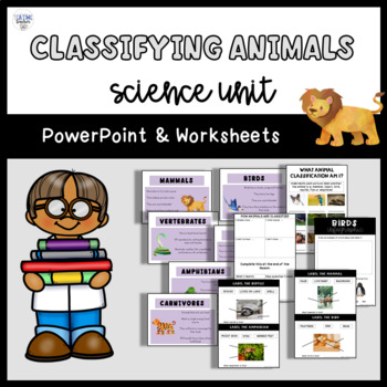 Preview of Classifying Animals Bundle Lesson PowerPoint Slides Task Cards Worksheets