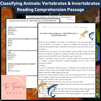 Preview of Classifying Animals: Vertebrates & Invertebrates Reading Comprehension Passage