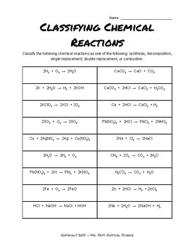 Classification Of Chemical Reactions Worksheet : Balancing Chemical