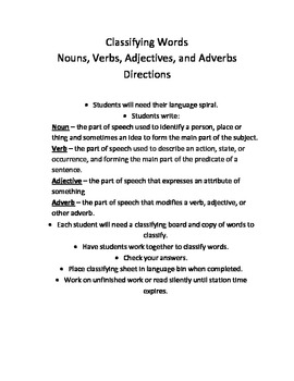 Classifying Parts of Speech Words for Centers, DIY's, and Daily 5