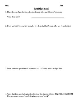 Preview of Classifying Quadrilaterals Activity Practice Worksheets FREEBIE