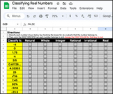 Classifying Real Numbers (GOOGLE SHEET)