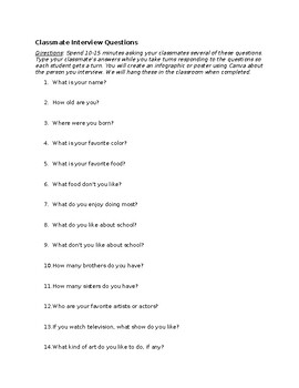 Preview of Classmate Interview Questions - Middle School