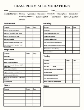 Preview of Classroom Accommodations Checklist for Teacher, Special Education, OT and more!