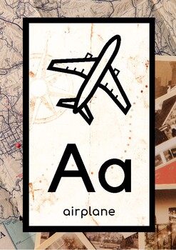 Preview of Classroom Alphabet- picture and caption, solid font (Travel Theme)