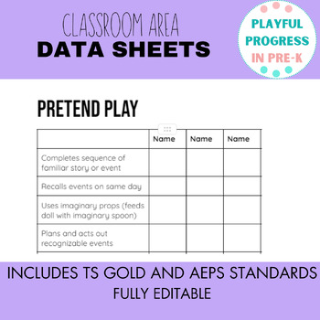 Preview of Classroom Area Data Sheets - Goals, Preschool, AEPS, TS Gold