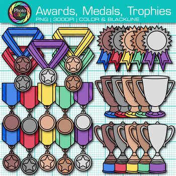 Preview of Classroom Award Clipart: Classroom & Sports Medal & Trophy Clip Art PNG B&W