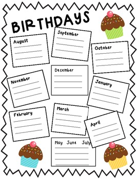 Birthday Charts For Classroom Printable