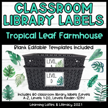 Preview of Classroom Book Bin Labels Farmhouse Tropical Botanical Leaves Classroom Library