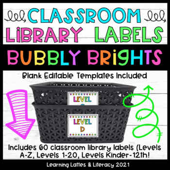 Preview of Classroom Book Bin Labels Neon and Black Colorful Leveled Class Library Labels