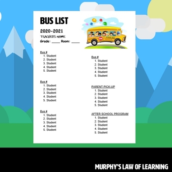 Preview of Classroom Bus List  2022-23 (EDITABLE)