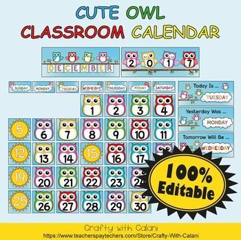 Classroom Calendar Decoration in Cute Owl Theme - 100% Editble | TPT