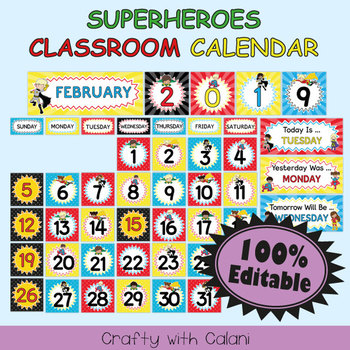 Classroom Calendar Decoration in Superheroes Theme - 100% Editble