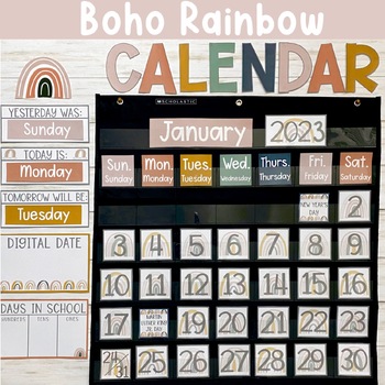 Preview of Classroom Calendar Set Boho Rainbow Classroom Calendar