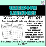 Classroom Calendars - 2021-2022 -editable- FREE lifetime updates!