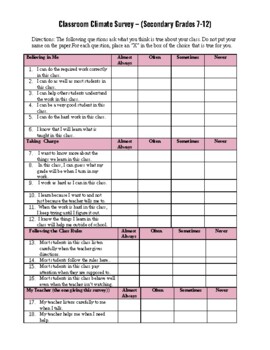 Preview of Classroom Climate Survey for Grades 7-12