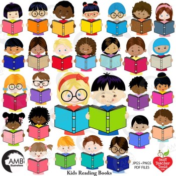 Preview of Classroom Clipart, Multicultural Kids Reading Clipart, AMB-2305