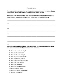 Preview of Classroom Culture: Building Relationships - Friendship Survey