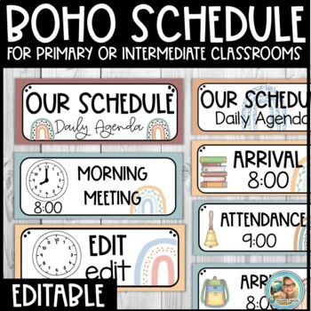 Preview of Classroom Daily Visual Schedule EDITABLE Cards BOHO RAINBOW Classroom Decor