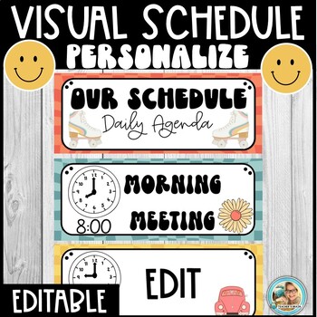 Classroom Daily Visual Schedule EDITABLE Cards | RETRO GROOVY Calm
