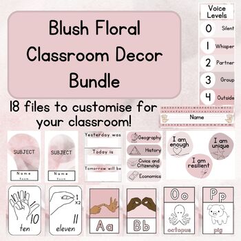 Preview of Classroom Decor - Blush Floral with AUSLAN letters and numbers