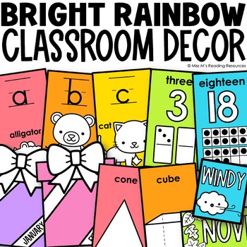 Preview of Classroom Decor Bundle Bright Rainbow Classroom Theme Alphabet Number Posters