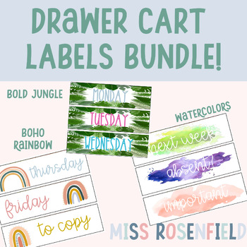 Preview of Classroom Decor Drawer Cart Label Bundle! Jungle, Watercolor, Boho Rainbow!