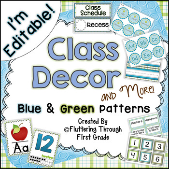 Preview of Classroom Decor Editable ~ Blue and Green Patterns