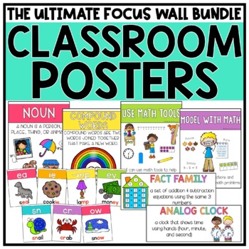 Preview of Classroom Decor Focus Wall Bulletin Board | Grammar Posters | Math Vocabulary